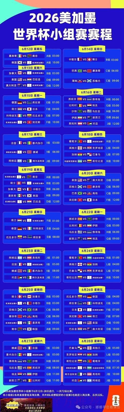 2026世界杯每日赛程官方发布最新时间表免费观看